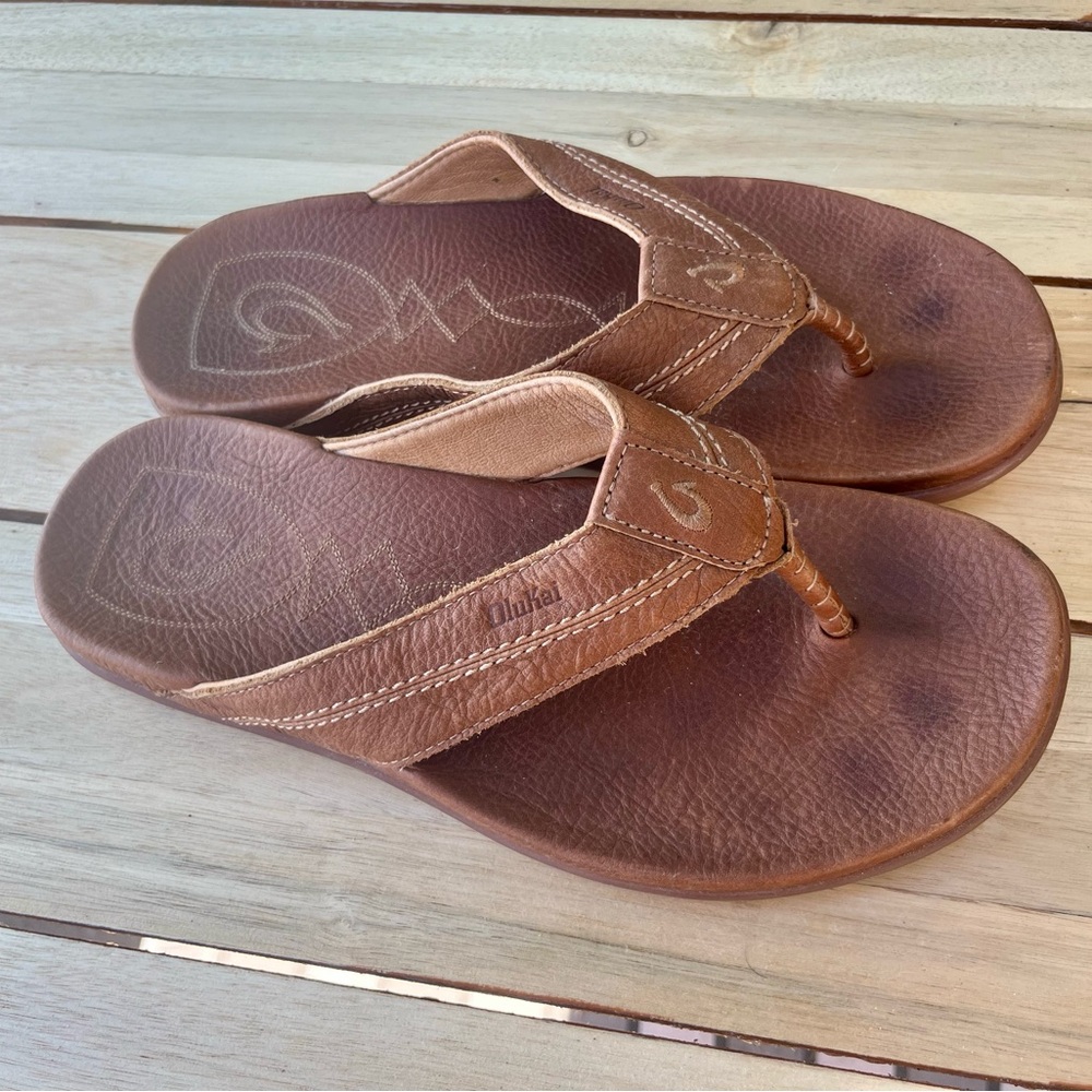 Olukai Mohalu Men's Brown Leather Thong Slide Sandals Size